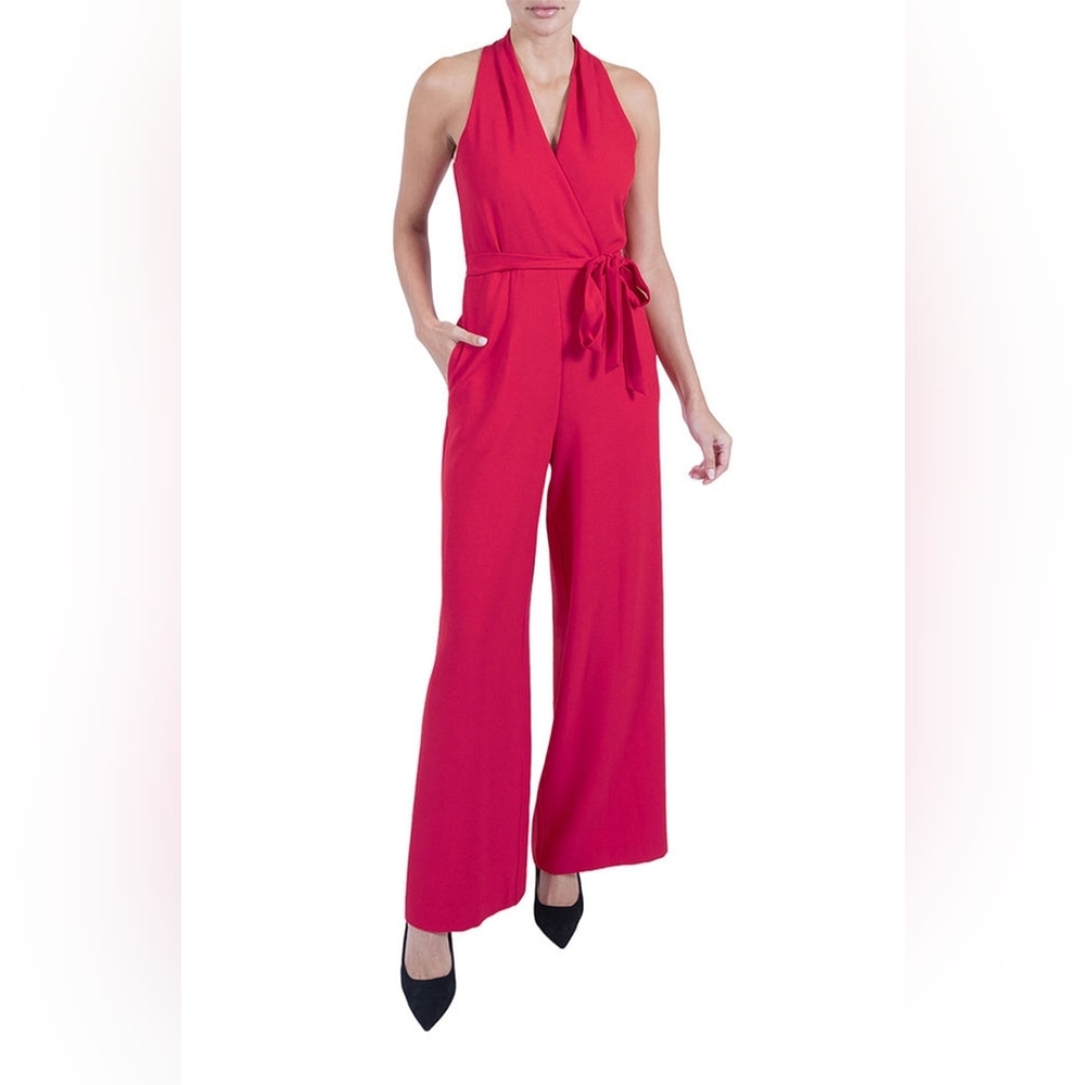 NWT - Julia Jordan Deep Pink Crepe Halter Neck Wide Leg Jumpsuit - Size 16